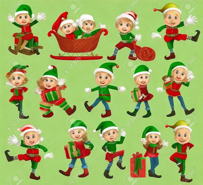Elf de Natal em diferentes posições ilustração