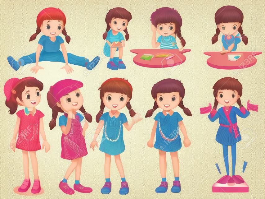 Little girl in different actions illustration