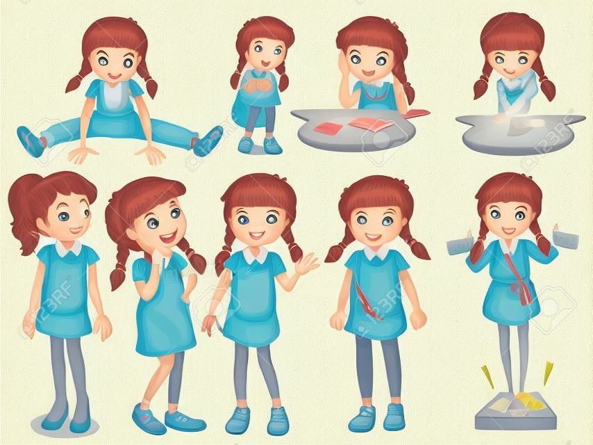 Little girl in different actions illustration