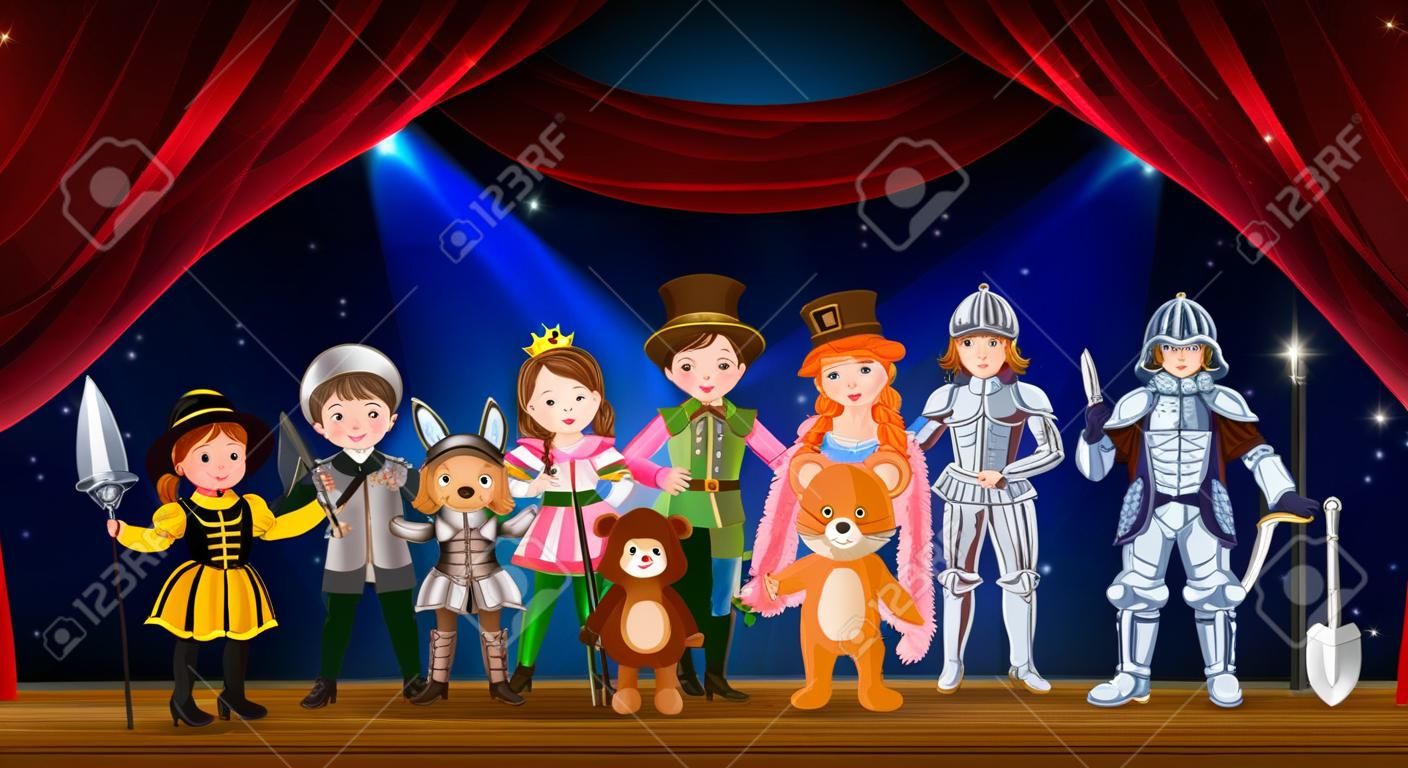 Kinder tragen Kostüm auf der Bühne Illustration