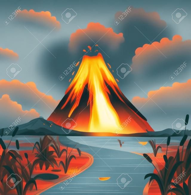 Escena de la naturaleza con la erupción del volcán por la ilustración lago