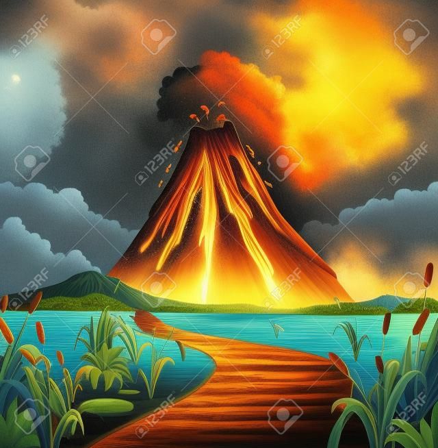 Природа сцена с извержения вулкана на берегу озера иллюстрации