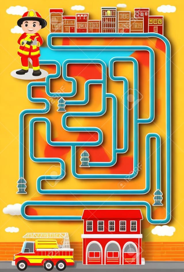 Maze game with fire fighter and station illustration