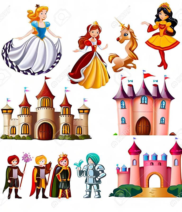 Различные персонажи сказок и дворец иллюстрации