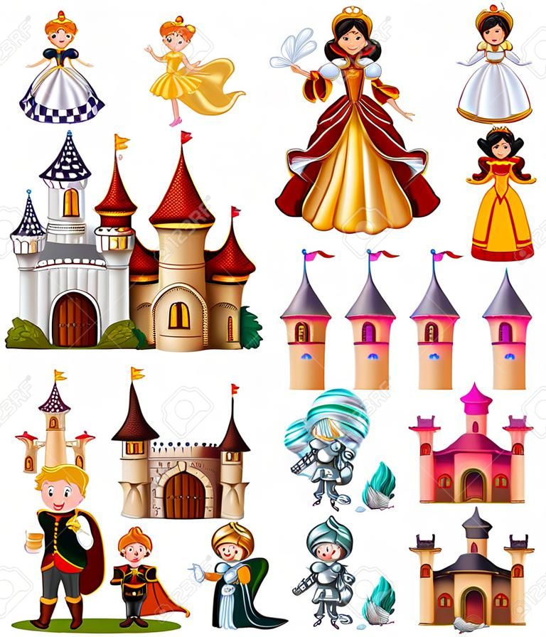 Különböző fairytales karakterek és palota illusztráció