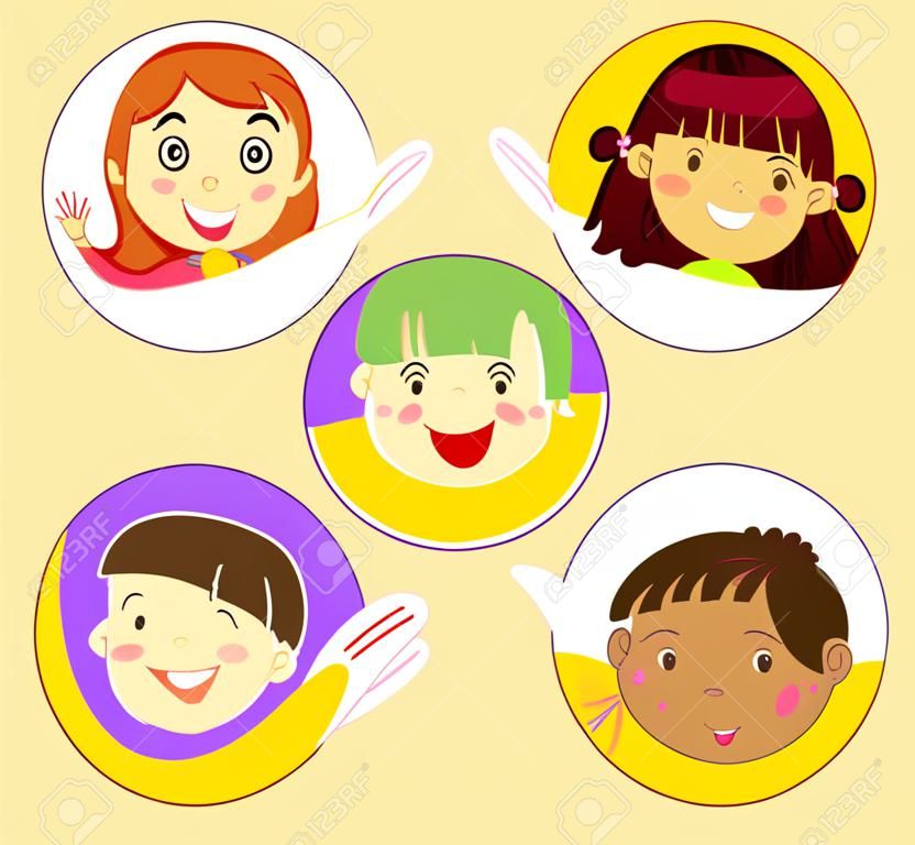 Children with happy face on round badges illustration