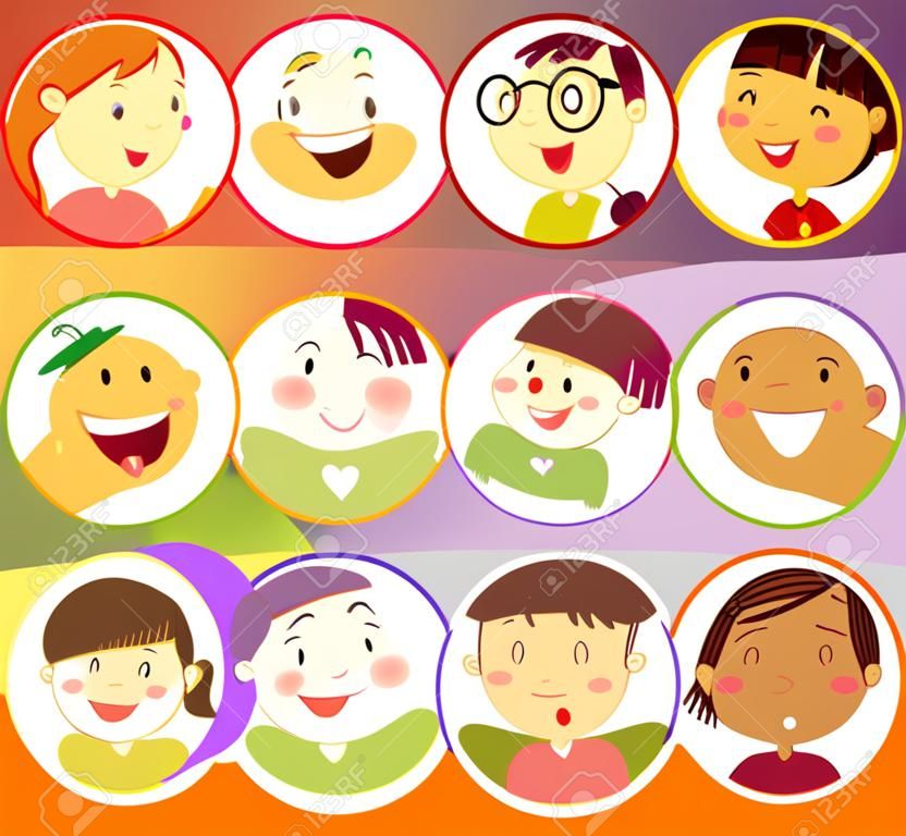Children with happy face on round badges illustration