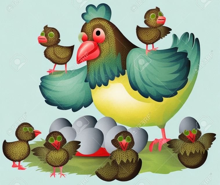 Gallina y pollitos en la ilustración nido