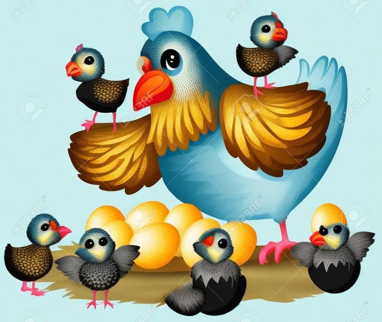 Gallina y pollitos en la ilustración nido