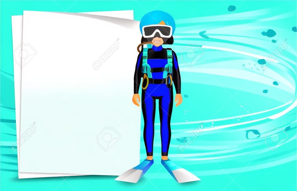 Modello di carta con ragazza in abbigliamento subacquea illustrazione subacquea