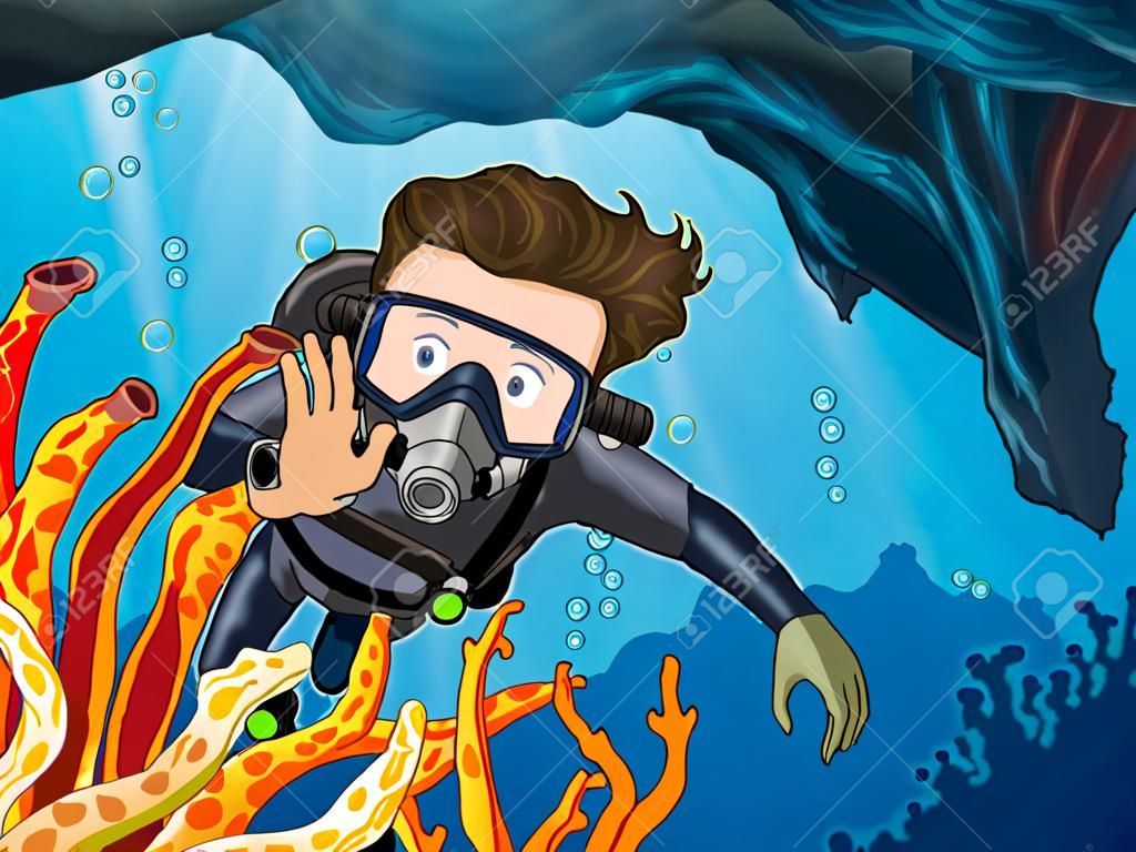 Mężczyzna robi nurkowanie pod ilustracją oceanu