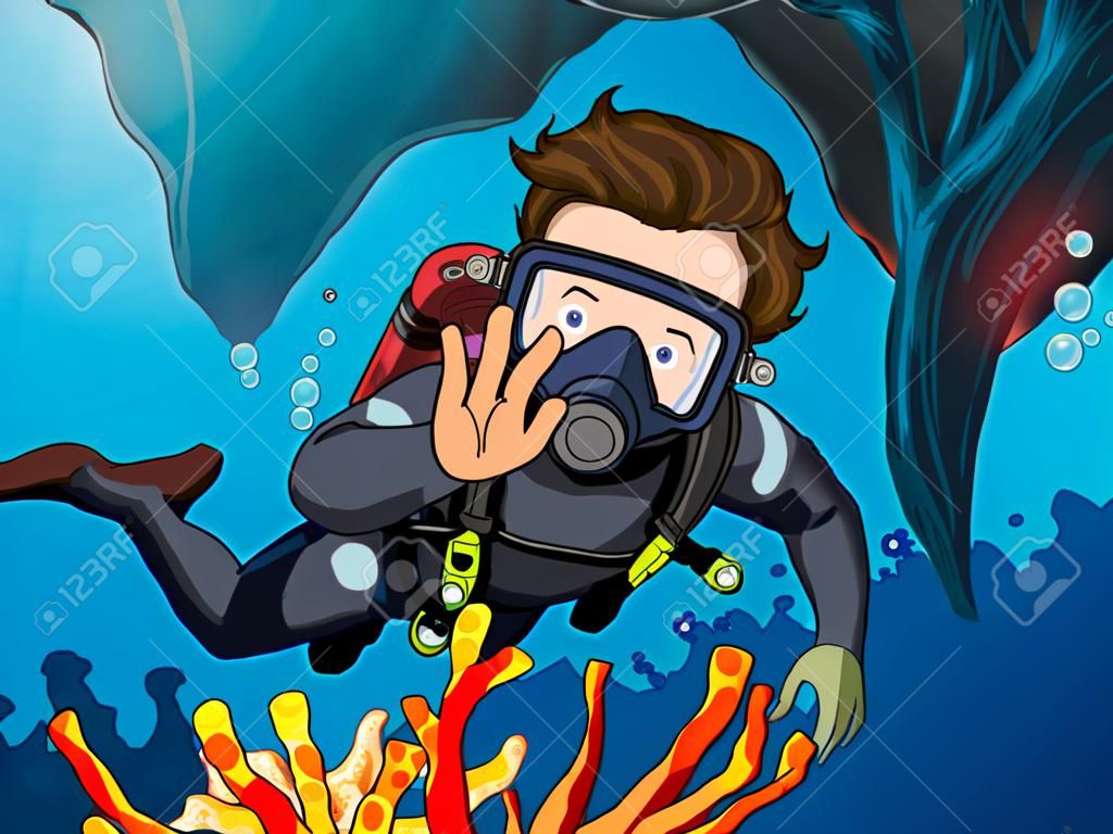 Uomo che fa immersioni subacquea sotto l & # 39 ; oceano illustrazione