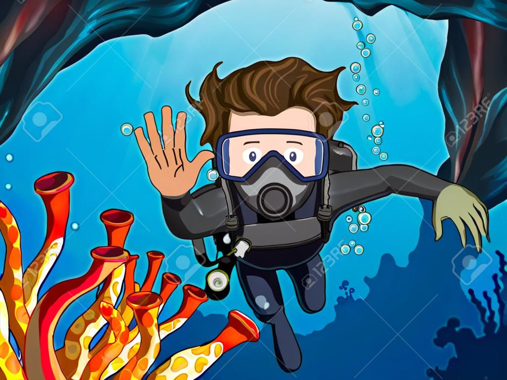 Uomo che fa immersioni subacquea sotto l & # 39 ; oceano illustrazione