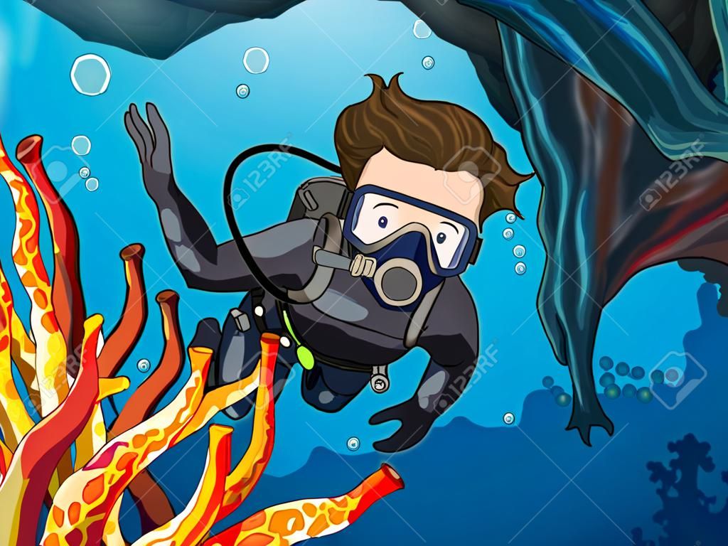 Man doing scuba diving under the ocean illustration