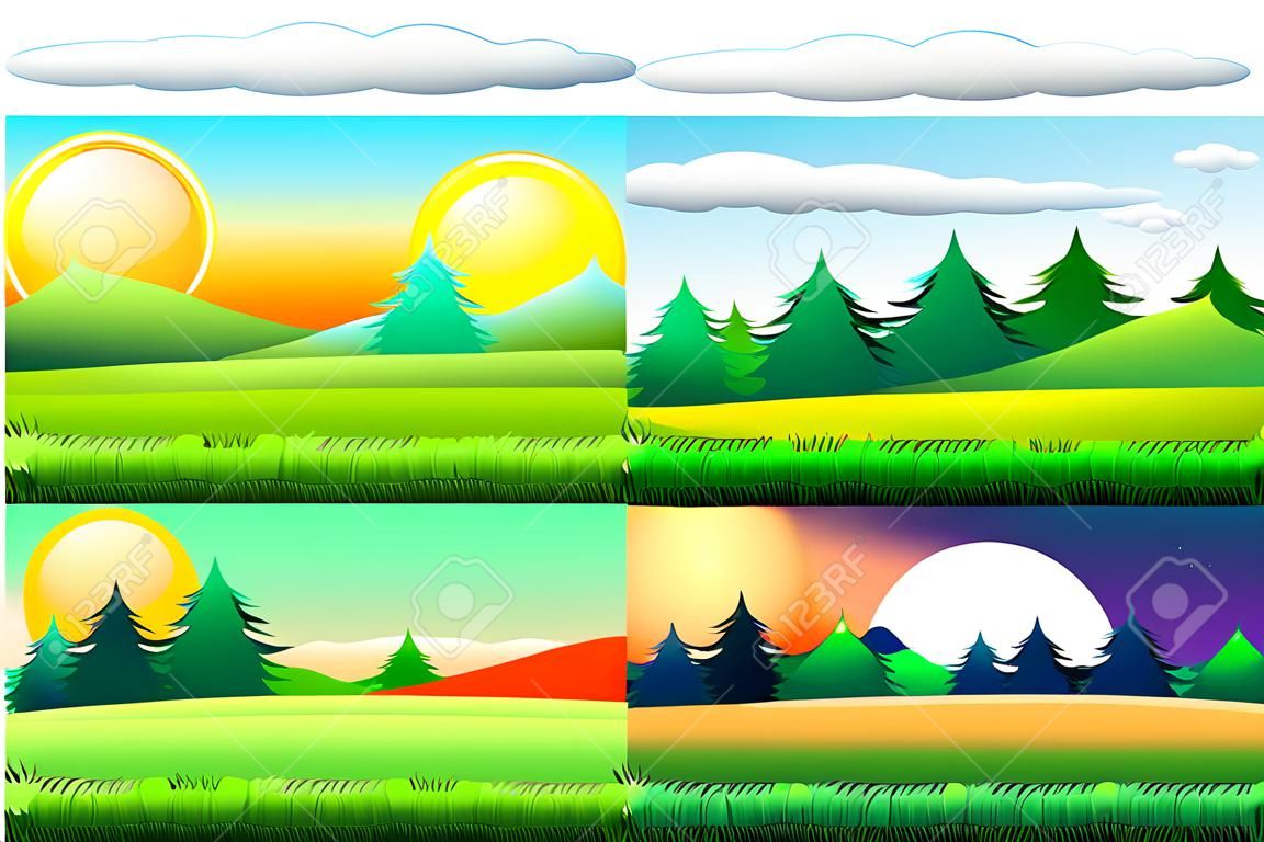 Four scenes of green fields at different times of day illustration