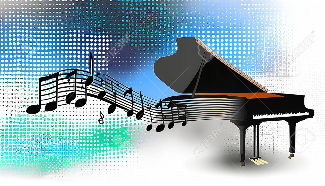 Grand piano with music notes in background illustration