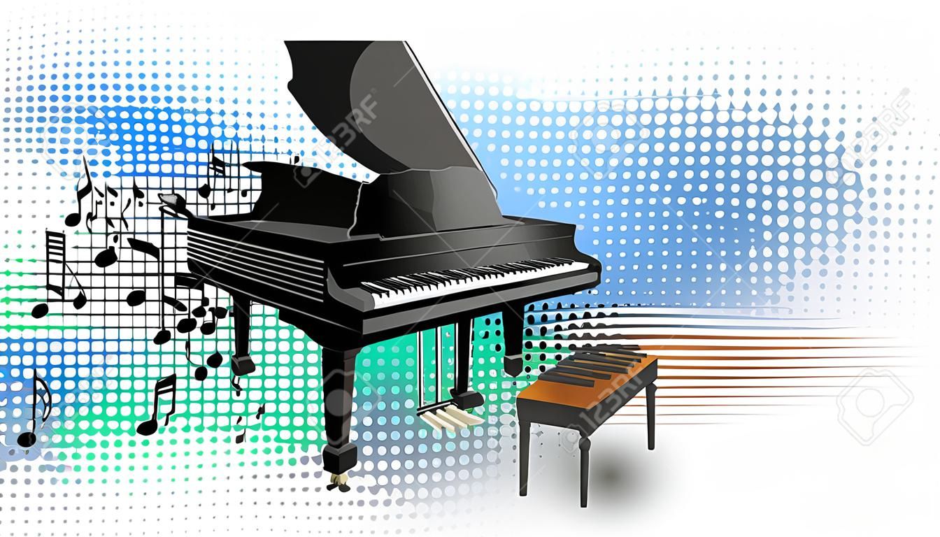 Piano de cola con notas musicales en la ilustración de fondo