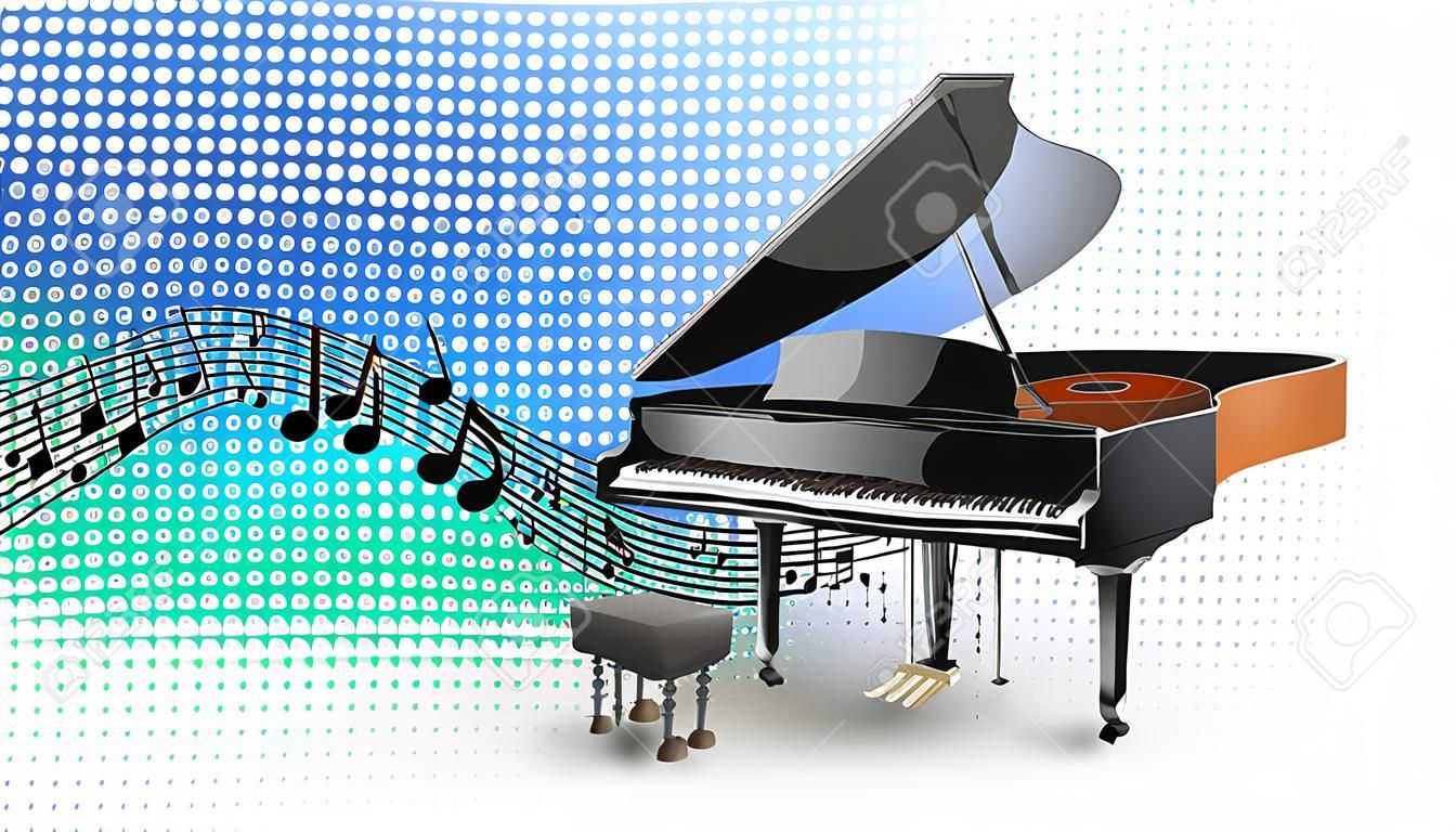Piano de cola con notas musicales en la ilustración de fondo