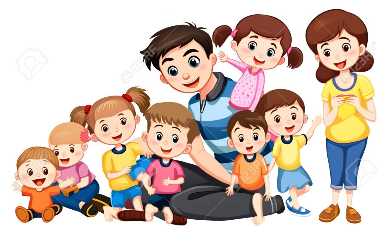 Parents with five children playing illustration