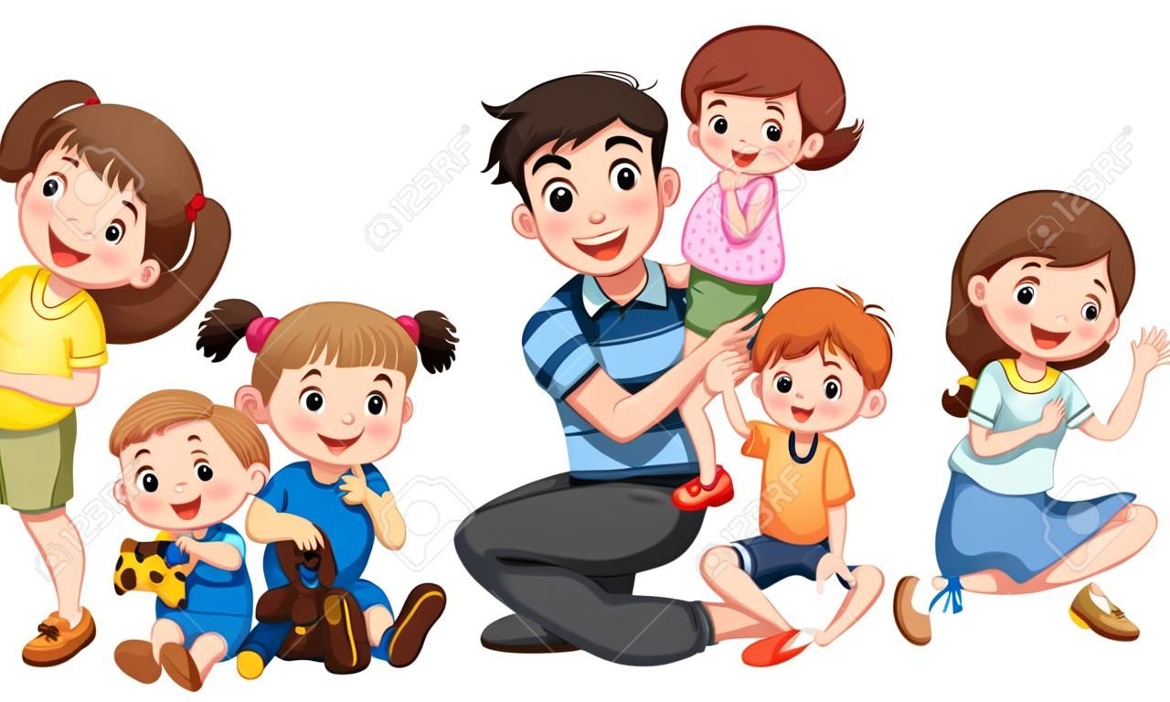 Les parents avec cinq enfants jouent à l'illustration