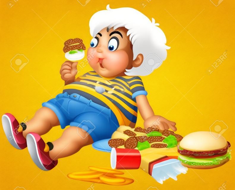 Fat boy eating junkfood illustration