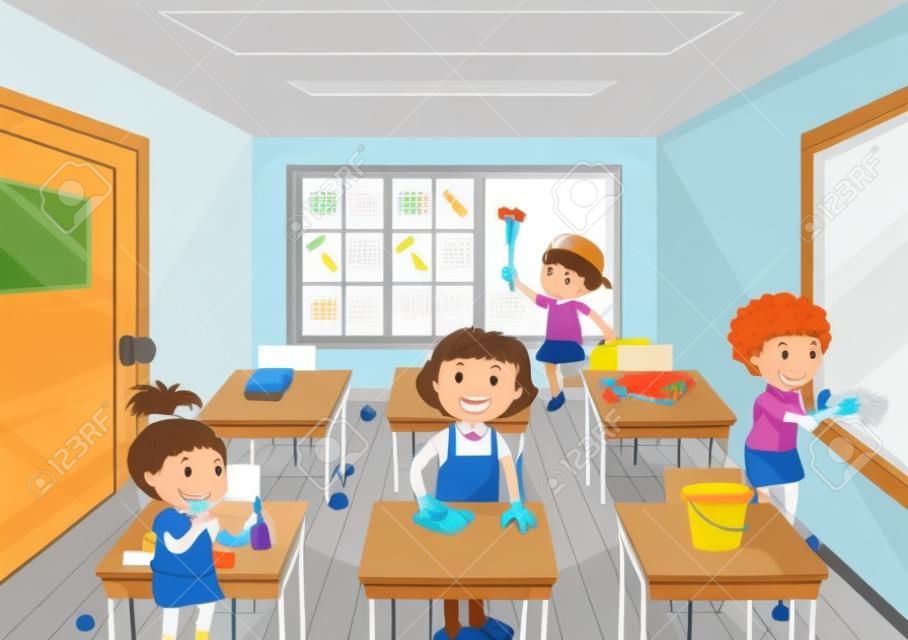 Grupo de pessoas que limpam a ilustração da sala de aula