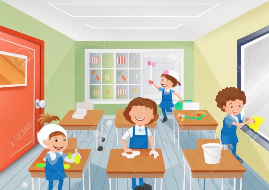Group of people cleaning classroom illustration