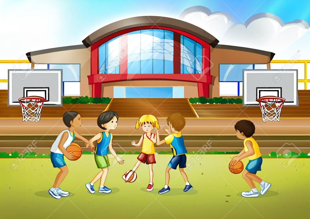 Basketball player at school field illustration