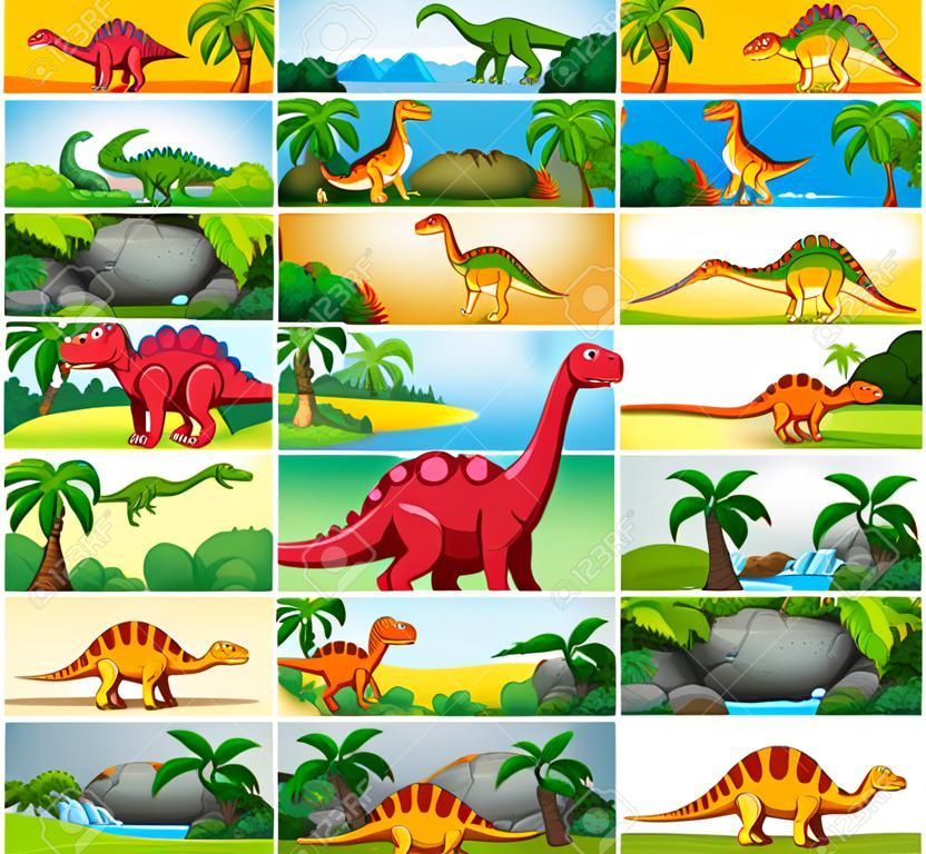 Zestaw ilustracji scen dinozaurów