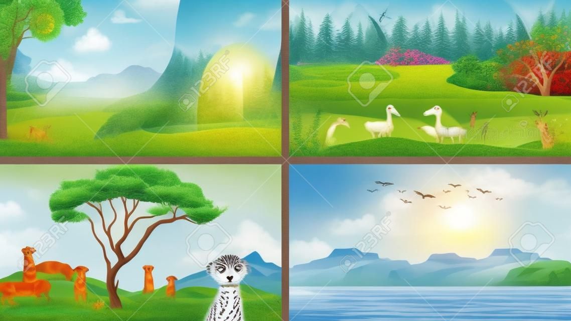 動物のイラストを持つ自然の4つのシーン