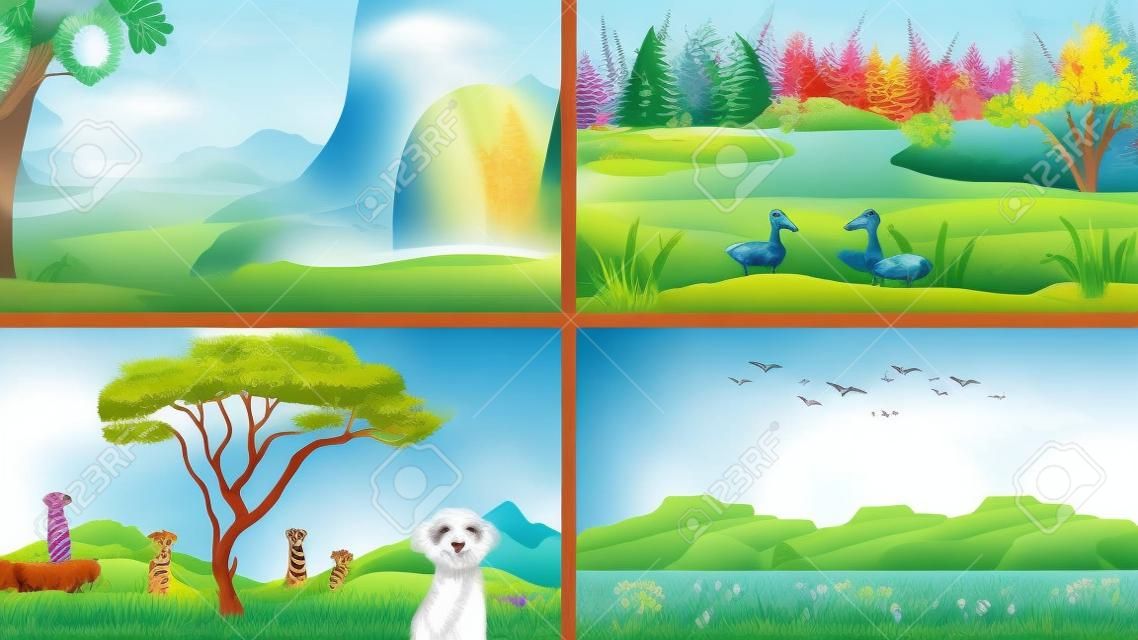 Four scenes of nature with animals illustration