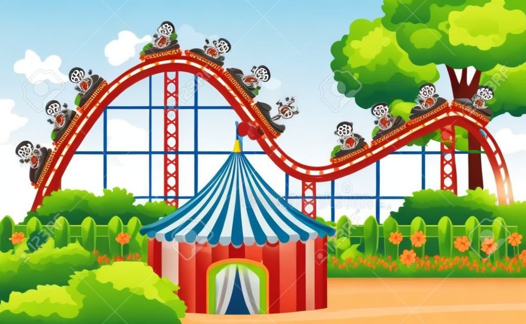Scene with monkeys riding roller coaster in the park at day time illustration