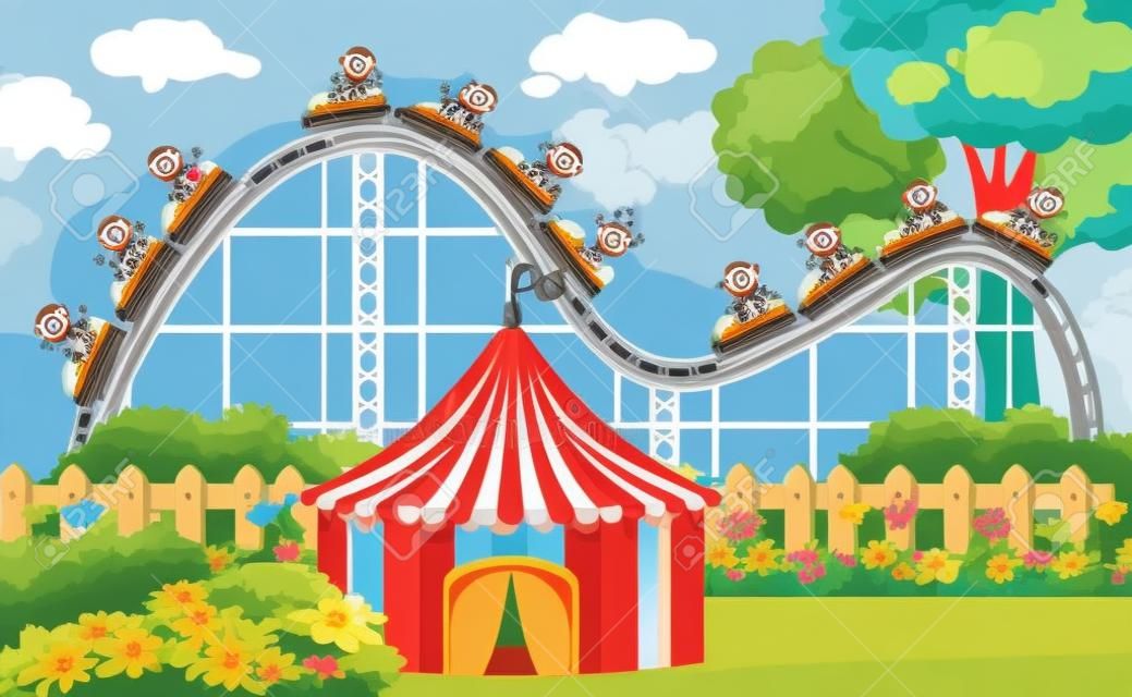 Scene with monkeys riding roller coaster in the park at day time illustration
