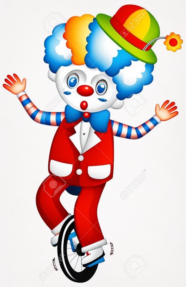 Happy clown riding on cycle on white background illustration