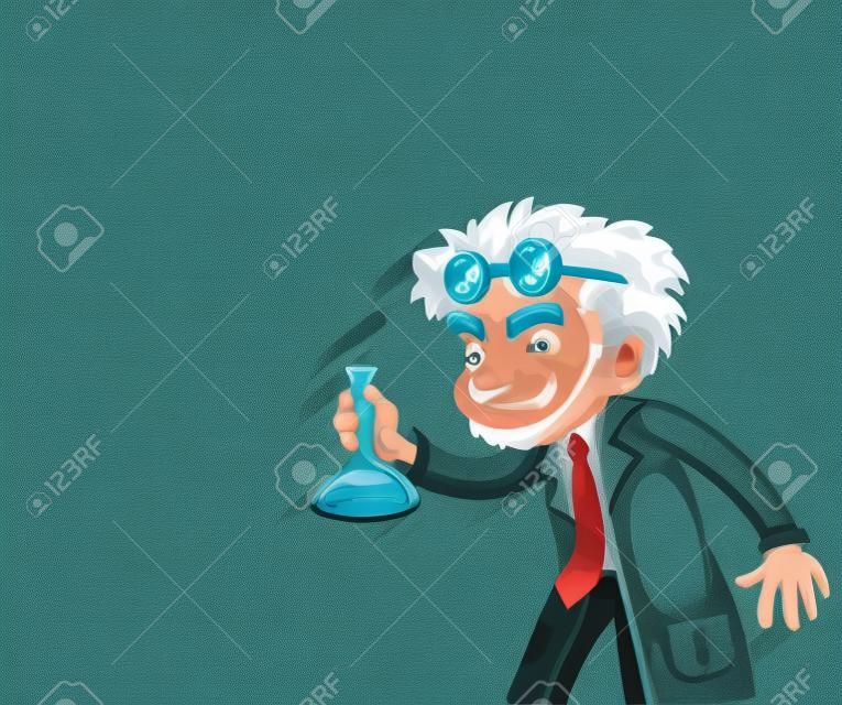 Plain background with mad scientist holding chemical illustration