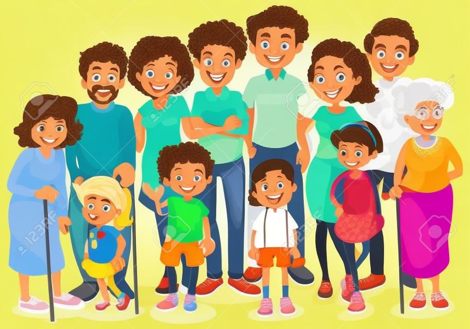 Membres de la famille avec enfants et illustration de tous les proches