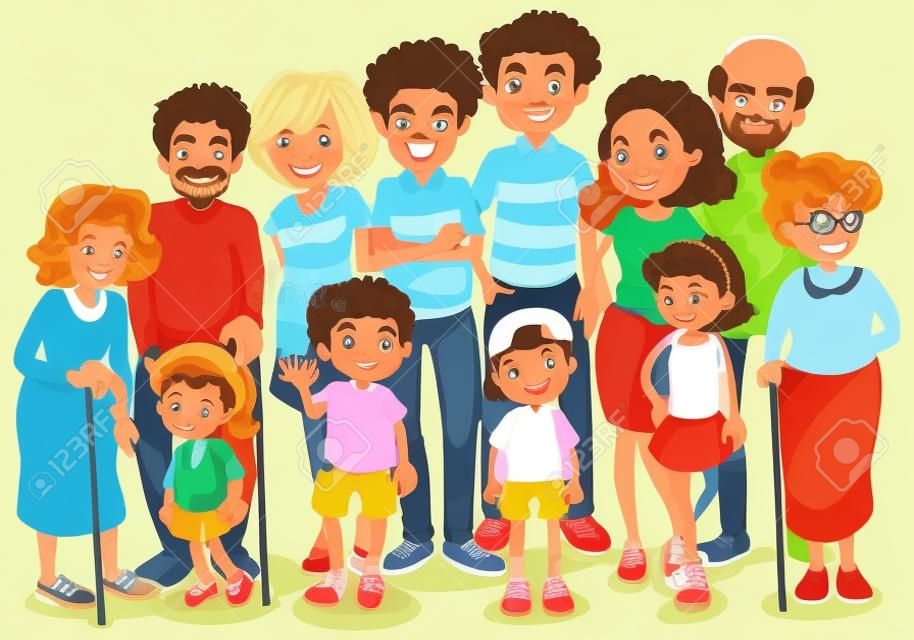 Membres de la famille avec enfants et illustration de tous les proches