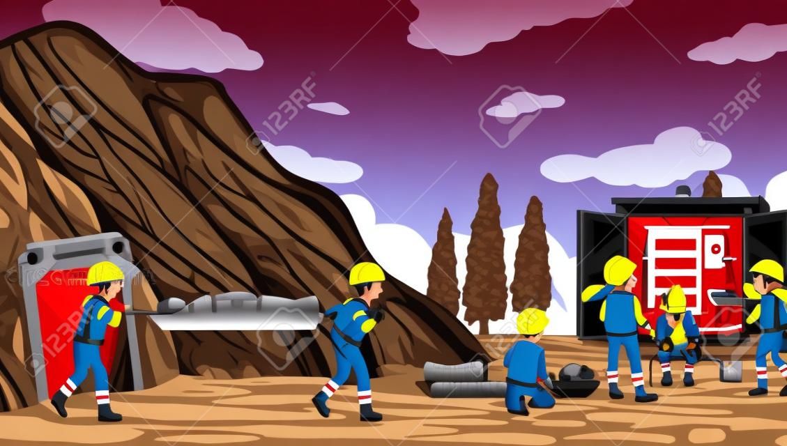 Cave scene with firerman rescue in cartoon style illustration