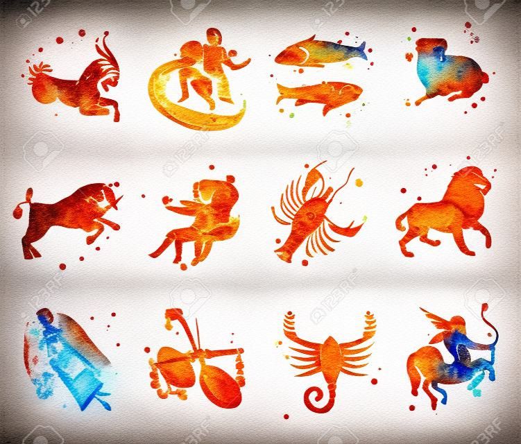 Set of twelve signs of the zodiac, watercolor in retro style. Isolated on white background