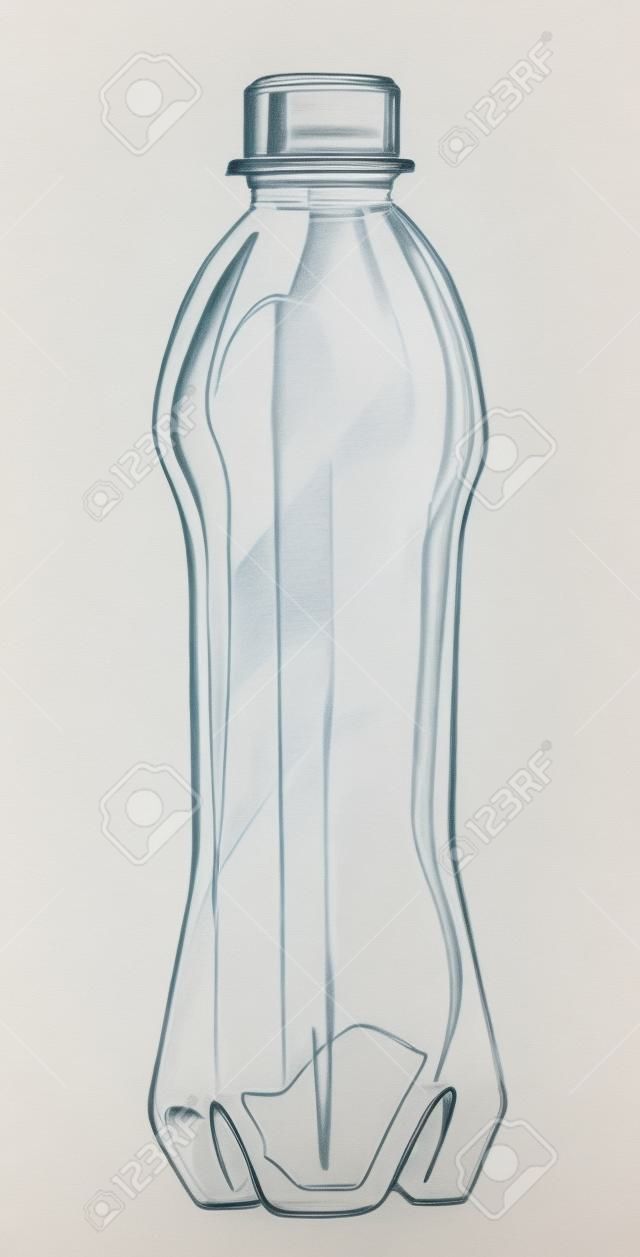 Drawing a plastic bottle for a liquid with a lid. Pencil drawing. Isolated on white background