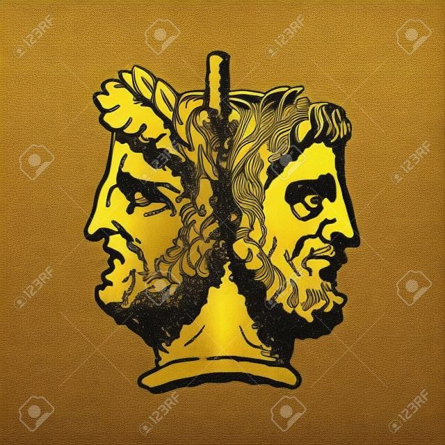 Twee gezichten Janus. Twee mannelijke hoofden in profiel, verbonden door de nape. Stylization van de oude Romeinse stijl. Grafisch ontwerp. Illustratie.