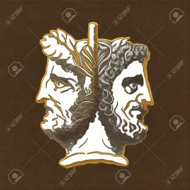 İki yüzlü Janus. Profilde ense ile birbirine bağlı iki erkek kafa. Antik Roma tarzının stilizasyonu. Grafik tasarım. İllüstrasyon.