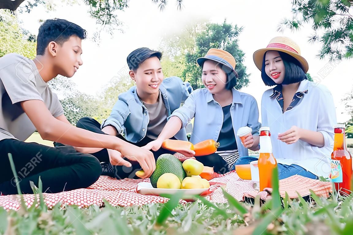 Young teen groups having fun picnic in park together. Relax and Leisure activity.