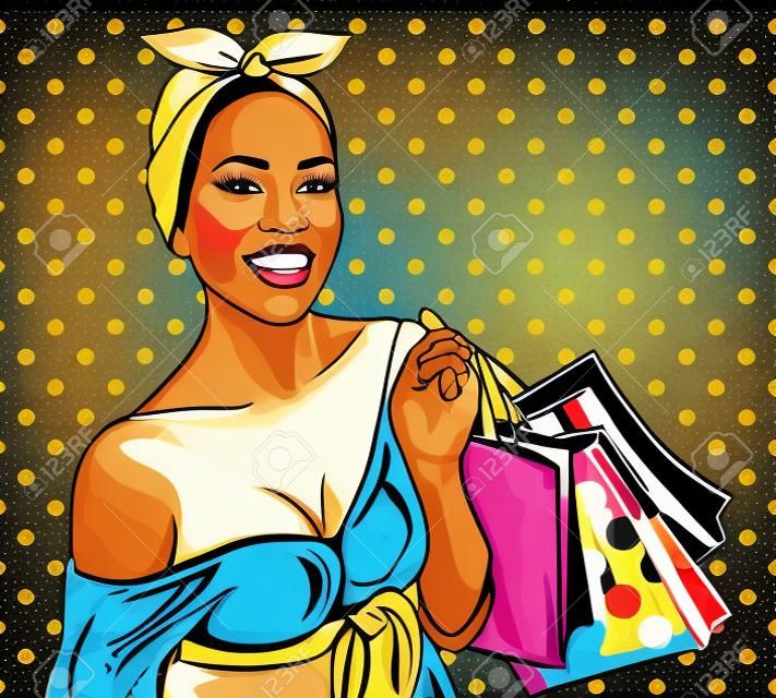 Vector pop art illustration of a black woman holding shopping bags. Pop art poster for the advertising with a beautiful black woman happy with their shopping