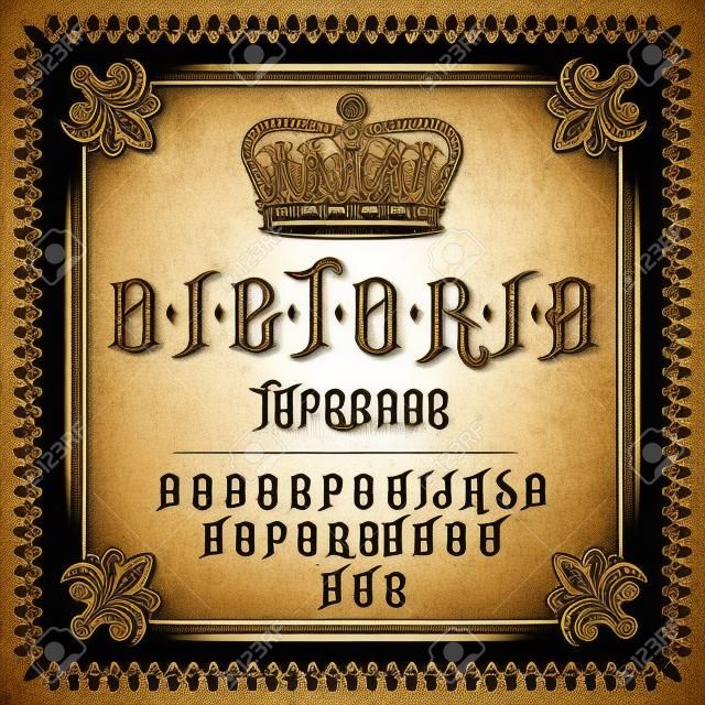 Vector illustration of a vintage font, typeface in medieval ancient style, Latin alphabet with victorian frame and royal crown. Template, design element