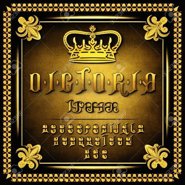 Vector illustration of a vintage font, typeface in medieval ancient style, Latin alphabet with victorian frame and royal crown. Template, design element
