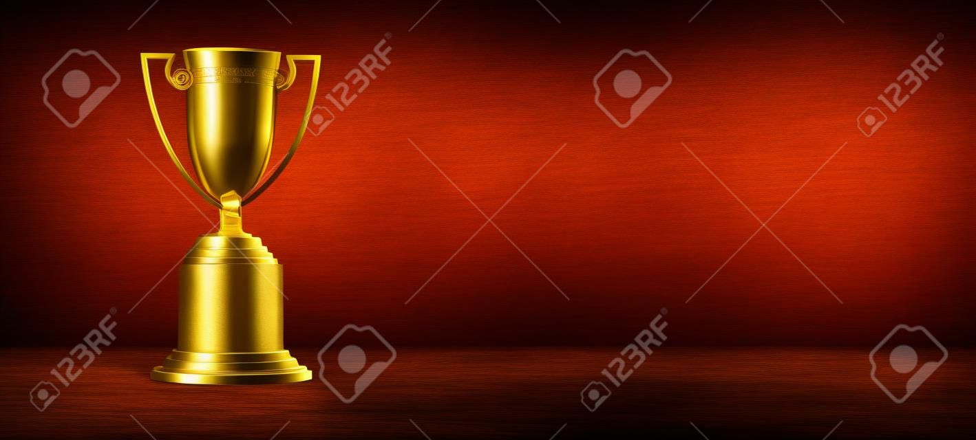 Champion golden trophy on black wooden background , Winning Cup concept.
