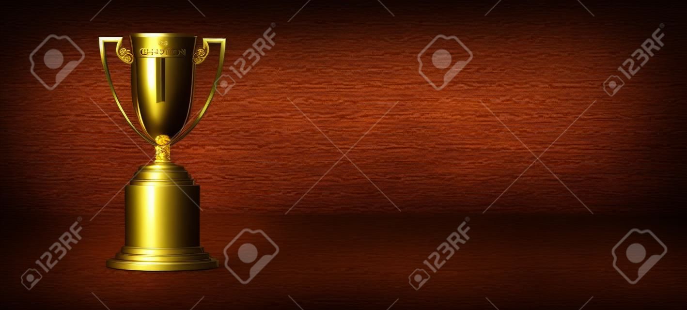Champion golden trophy on black wooden background , Winning Cup concept.