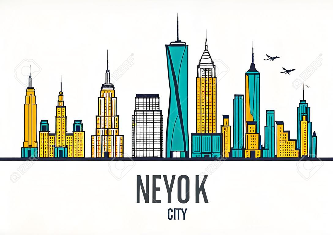 New York city architecture skyline silhouette. Line pixel style art.