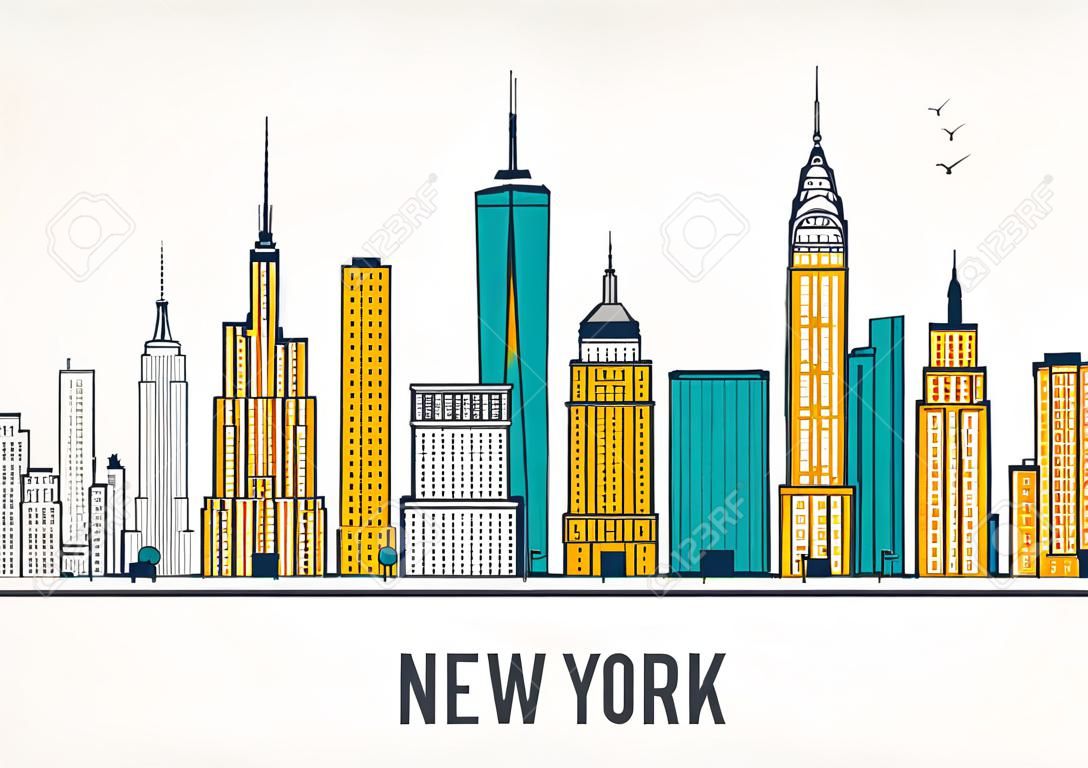 Nowy Jork Architektura miejska sylwetkę. Linia stylu pixel art.
